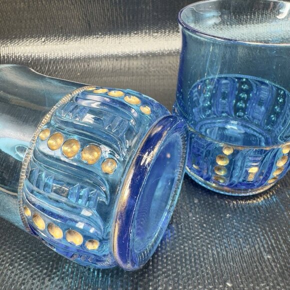 EAPG 1898 Riverside Olympia Glass Seed Pod Blue Tumblers Set Manganese 365nm UV - Picture 8 of 14